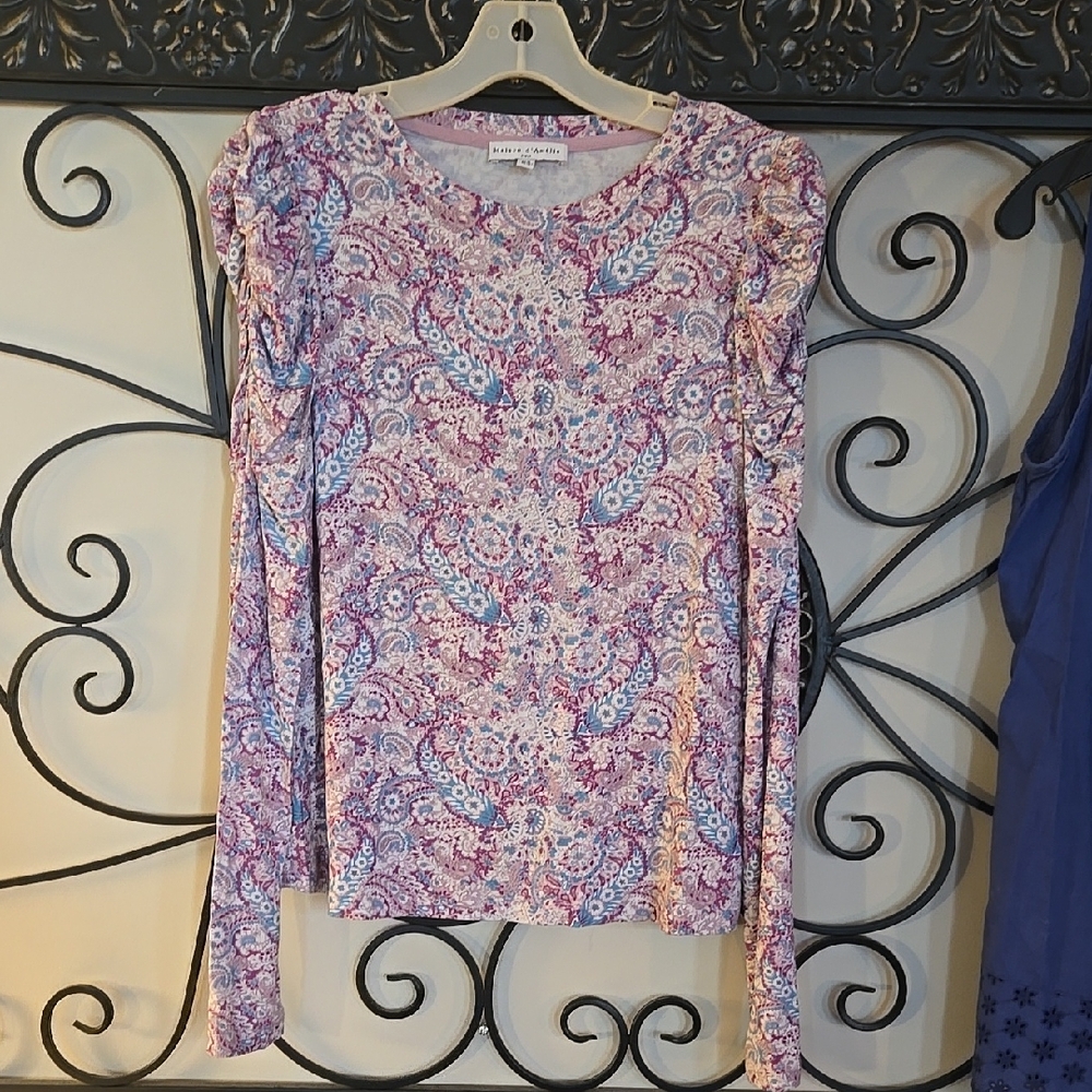 Retro Women's Paisley Long Sleeve Puffy Shoulder Top - Purple - Picture 1 of 4